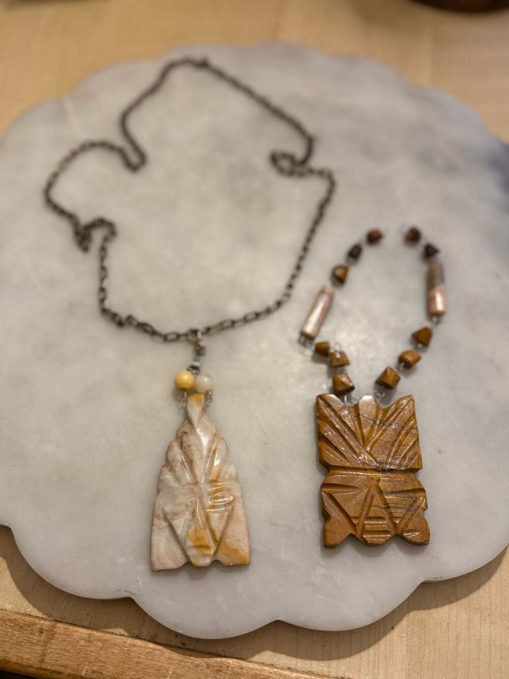 Vintage Hand Carved Alabaster and Jasper Stone Tribal Face Pendant Necklaces Set